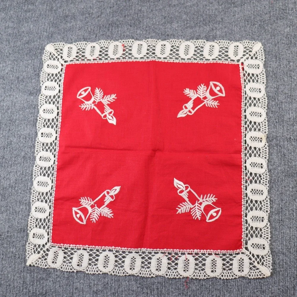 Vintage Lace Christmas Embroidered Square Tablecloth Topper Bells Grandma 19x19